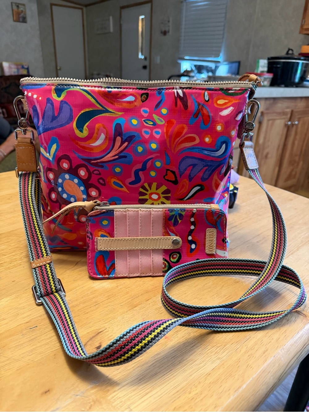Vibrant Pink Floral Crossbody Bag with Matching Card Wallet